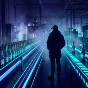 Operationsleder i nordisk produktionsmiljø vurderer to ruter med cyan/indigo lysaccents; subtil data‑pulse overlay, lav vinkel, beslutsom stemning.
