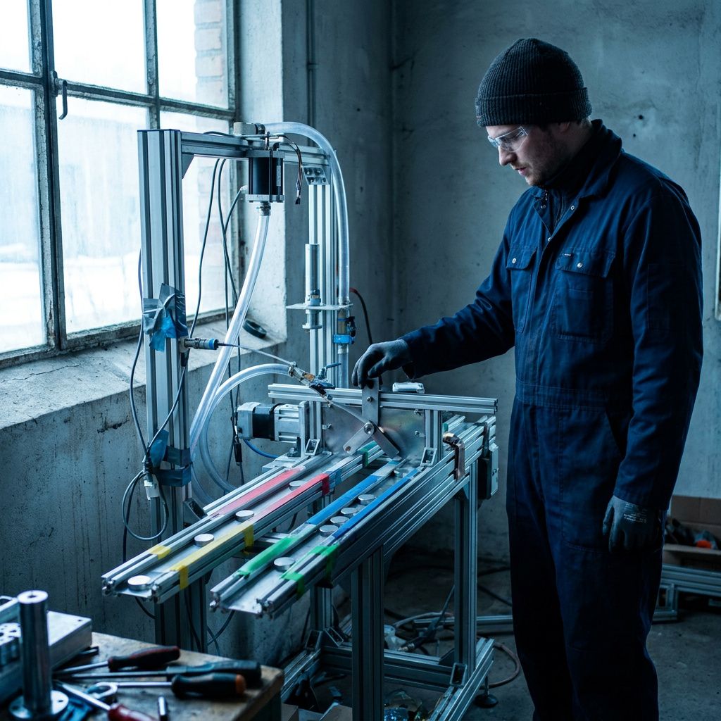 Tekniker ved et testrig i et lille nordisk research‑rum, kigger på en række labels og et måleinstrument; ingen tekst synlig, naturligt lys med indigo kanting.
