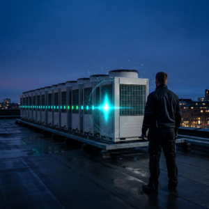 Nordisk operationsscene på et tag med flere HVAC‑aggregater i række, en tekniker i arbejdstøj ser på en række LED‑markører; cyan/grøn pulslinje svæver subtilt over enhederne som visuel kommentar til en agent der samler indsigt.
