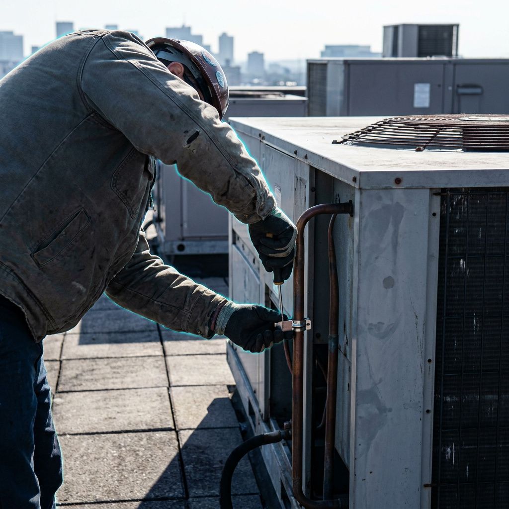 Felttester i arbejdstøj klatrer op til et HVAC‑aggregat og monterer et lille, ikke‑tekstligt monteringsklip; scenen viser procesmoment uden skærme.