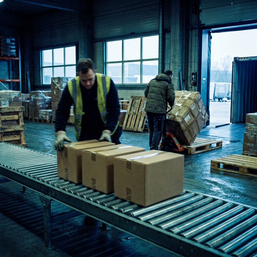 To parallelle arbejdsøjeblikke i logistik: hurtig stabling af små kasser og langsom håndtering af en stor pakke, ingen skærme eller tekst.