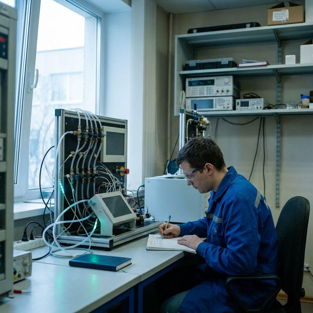 Et testrig i et lille forskningslaboratorium: en tekniker observerer en fysisk opsætning af instrumenter og en printer‑lignende enhed der udspyr små mærker (ingen tekst), subtile cyan/purpur lyskilder, naturligt sidelys.