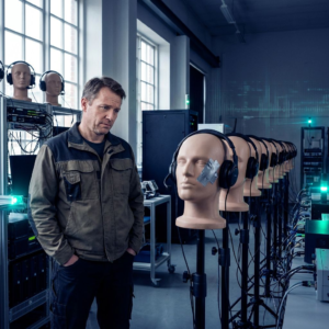 En teknisk leder i en nordisk testhal vurderer række af tale-teststationer under køligt indigo lys; cyan/grønne accentstriber tilfører et pulserende signal. Stemning: beslutsom, betænksom.