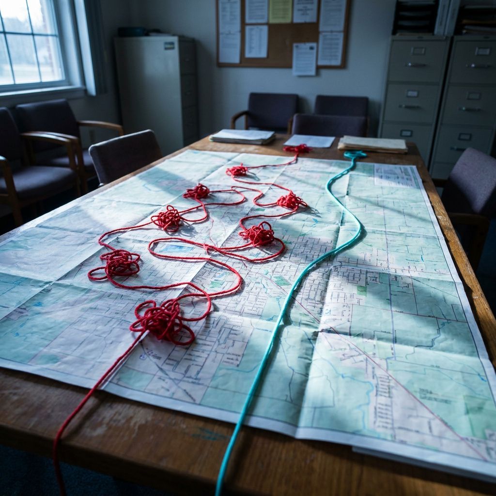 Et vejkort-lignende foto af en byrute (printet skilt på et bænkeområde) med farvede snore lagt i to baner — en knækket manuel bane og en glat, markeret automatisk rute i cyan. Ingen læsbar tekst.