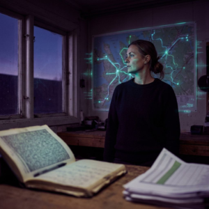 SME-teknisk leder i industriel montagerum med aftenlys, vægkort med cyan‑grønne signalstriber og indigo farvet stilisering.