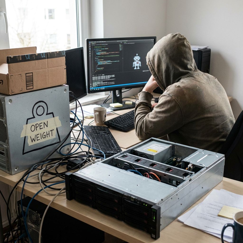 Et lille test‑rig eller testrack i en forskningsgarage: en tekniker står ved siden af og noterer, ingen skærmtekst synlig.