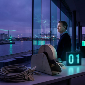 Operationsleder i en nordisk SME ser ud over et servicedistributionsrum gennem glas; lilla/indigo stemning med cyan accentpuls der viser hurtigere routing som metafor.