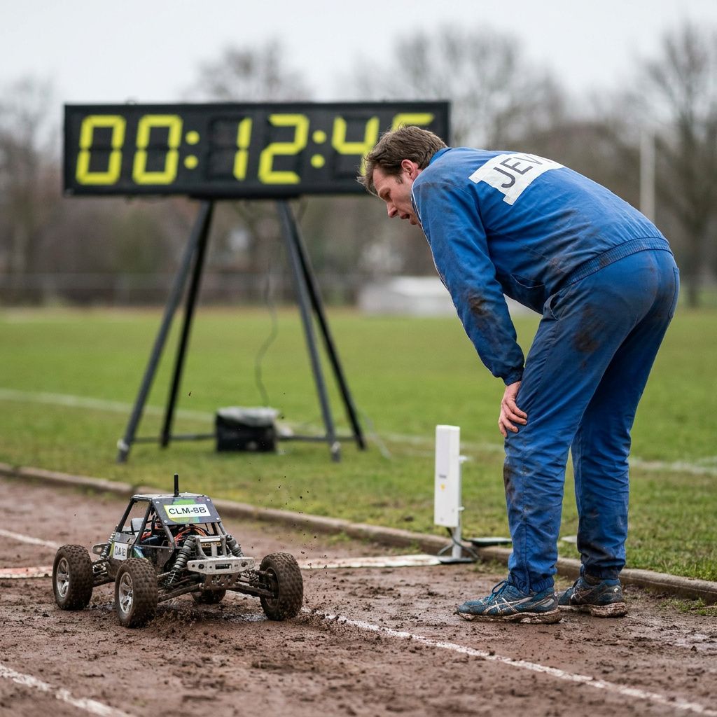Tekniker ved en lille testbænk i et laboratorium, udendørs lys, måleudstyr til performance‑test, fokus på et scenarie hvor en enhed får ny firmware; ingen skærme med læsbar tekst.