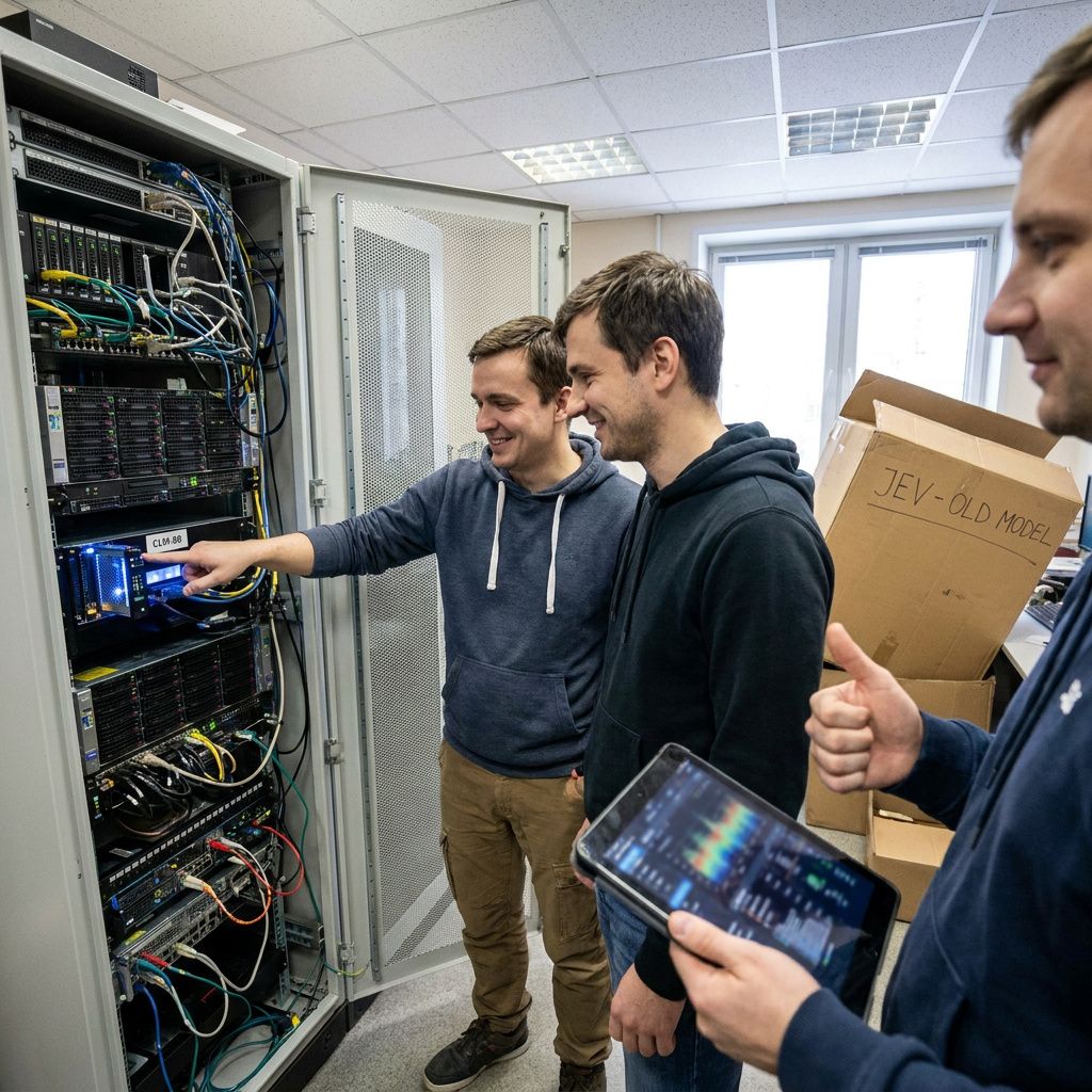 Makrofoto af et mærket kabelbundt eller ethernet‑patch med et lille cyan kabelmærke, ridsede labels uden læsbar tekst, taktilt og reportagestil.