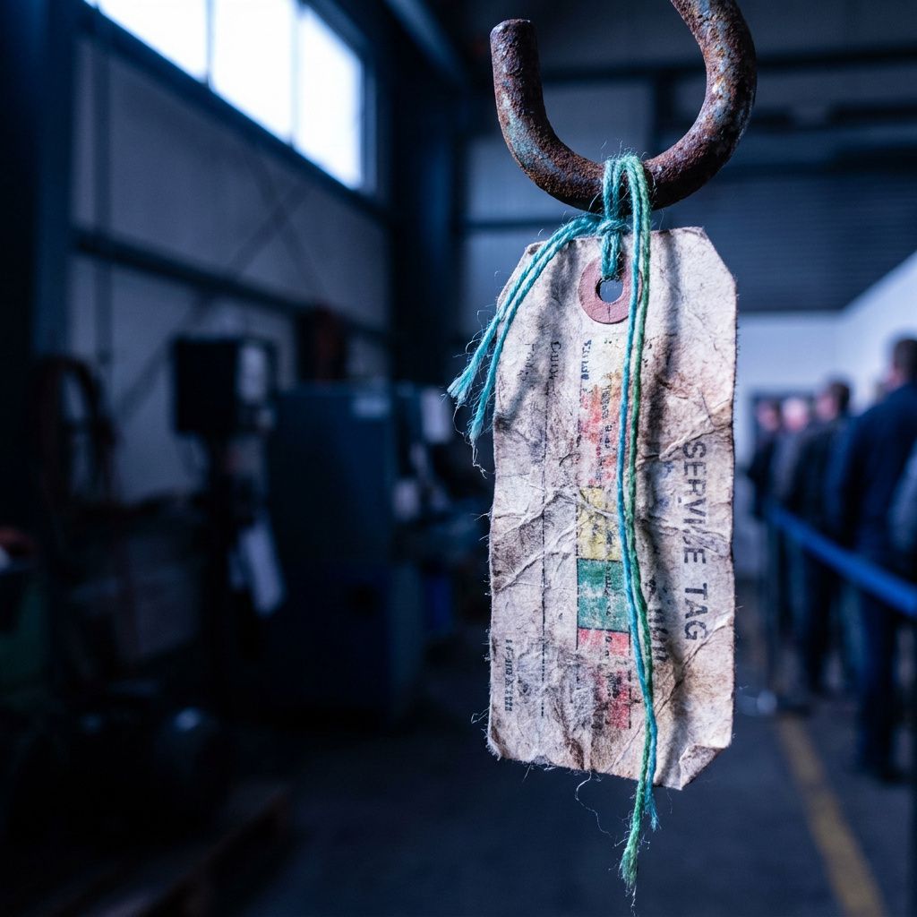 Makrofoto af farvekodet supporttag med cyan og grøn tråd, slidt papirstruktur uden læsbar tekst, nordisk lavt lys.
