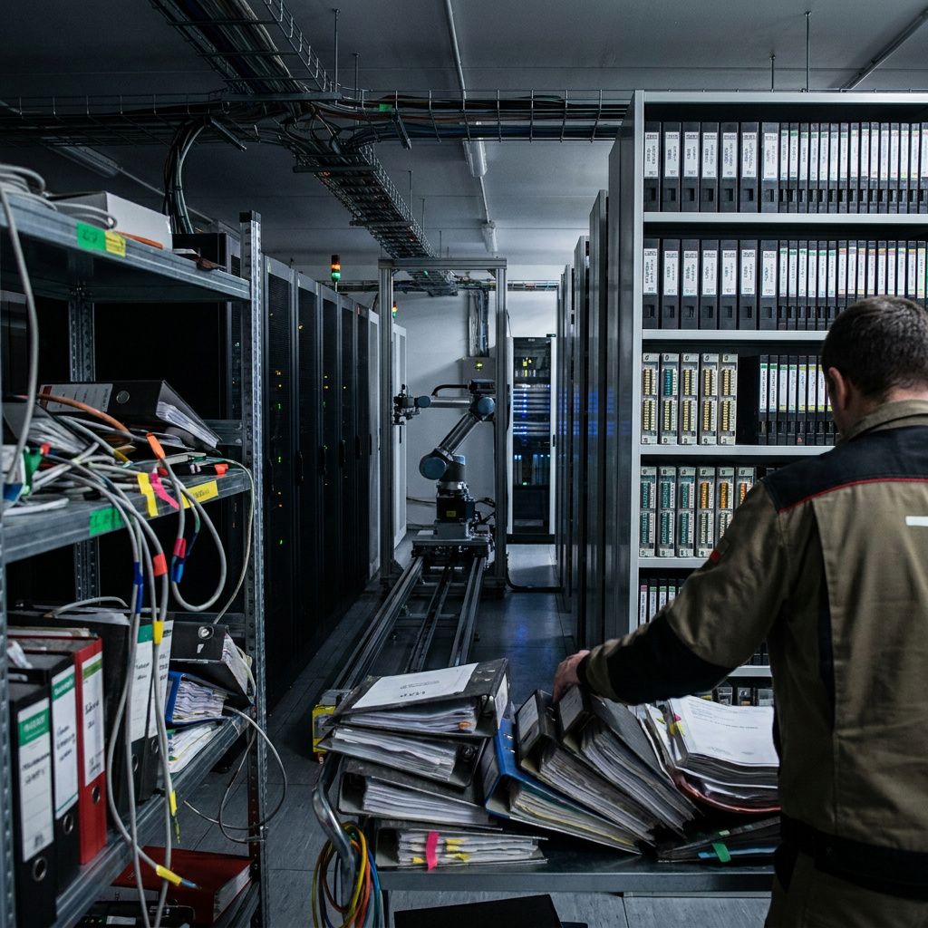 Kvadratisk foto af et foldet bykort på en havnebænk med to tynde snore i cyan og grøn, der krydser ved en terminal — en fysisk metafor for routing og valg i systemer.