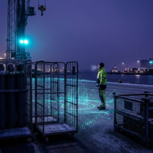 Værkstedsejer foran række tomme, nummererede rullecontainere med gasflasker i skumring; dyb lilla/blå tone med cyan signalpunkter, følelse af økonomisk pres og operationsskifte.