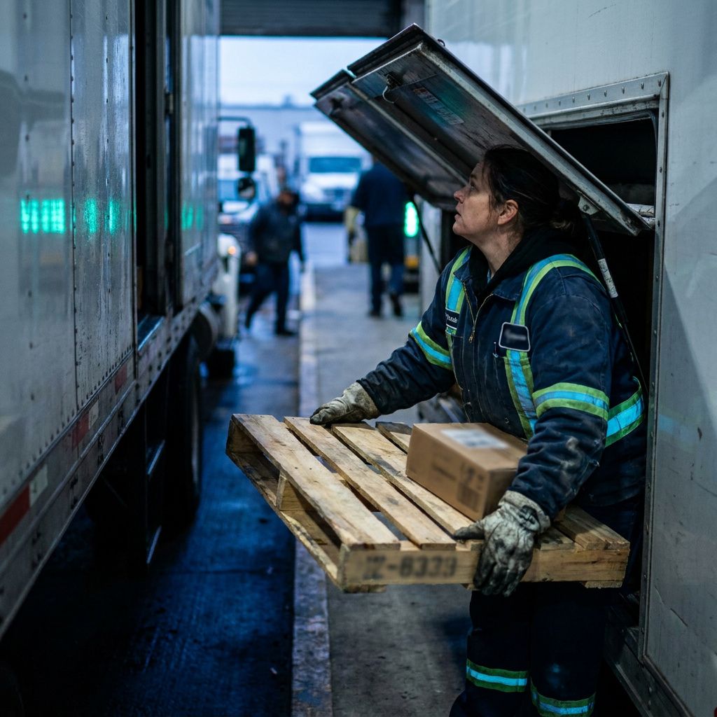 En tekniker i arbejdsoverall ved en lastbilsluge, som hæver en pallet med mærkefrie barcodescannere — et øjeblik af logistik i feltet, naturligt lys, tæt krop og detaljer i slidte handsker.