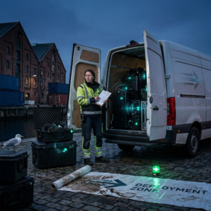 Beslutningsøjeblik ved en havnekaj: en teknisk leder vurderer en tjekliste ved en åben leveringsvogn i skumringen, blå‑violette skygger og cyan/grønne accenter antyder data‑pulse og sporbarhed