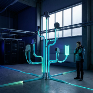 Nordisk teknisk leder i profil foran et arbejdsflow‑kort med cyan/grønne spor og en diskret indigo data‑pulse, der viser et beslutningsøjeblik om lange batch‑runs.
