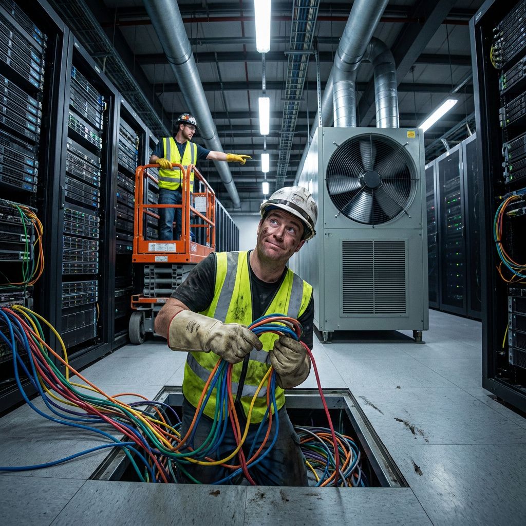 Makrofoto af en slidt netværkskonnektor med cyan/grøn tape og fine slidmærker; baggrunden er mørk indigo, med en svag digital puls‑glød over overfladen