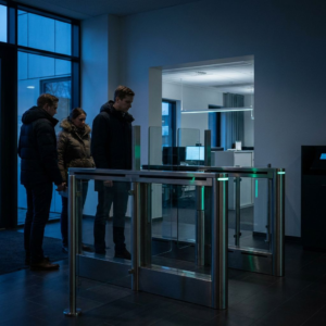 En adgangslåge i en nordisk virksomhedsfoyer stopper en rolig lille kø – et tydeligt go/no-go øjeblik uden læsbar tekst