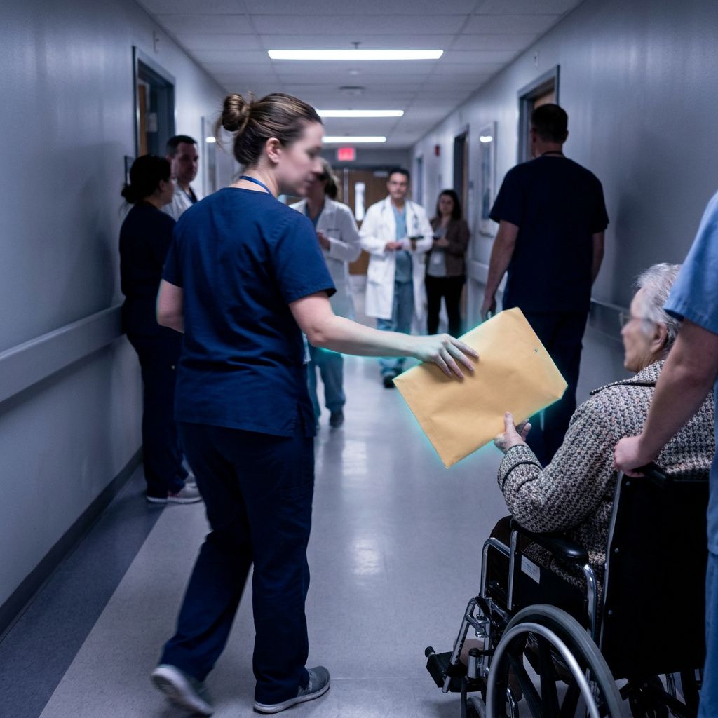 En sygeplejerske afleverer en udskrivningskuvert til en patient i en hospitalgang; fokus på bevægelse og køens baggrund, ingen læsbar tekst.