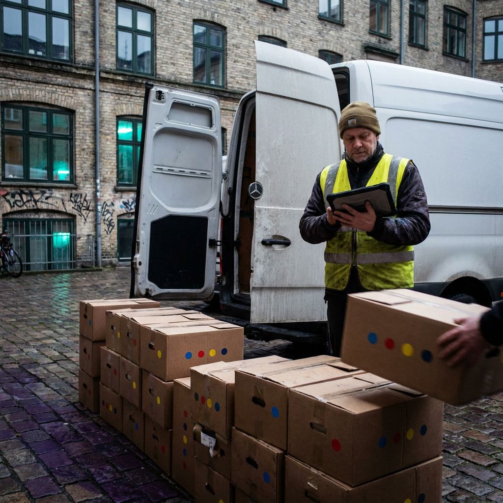 En chauffør læsser en varebil i et københavnsk baggårdsmiljø mens en tekniker med refleksvest på afstand observerer en kort, fysisk kø af kasser; naturligt lys, cyan/indigo tone, ingen tekst eller skærme.