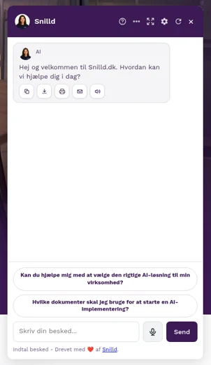 Rigtigt skærmbillede: Snilld Chatbot byder velkommen med forslag til spørgsmål
