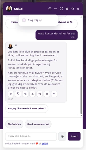 Rigtigt skærmbillede: menu med handlingen Ring mig op